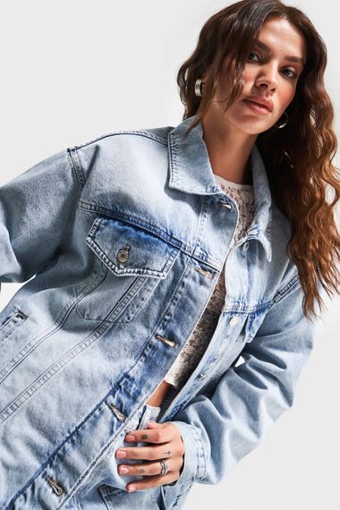 Kadın Kot Rengi 4S5-84 Oversize Bol Kesim %100 Koton Denim Ceket - صورة 2
