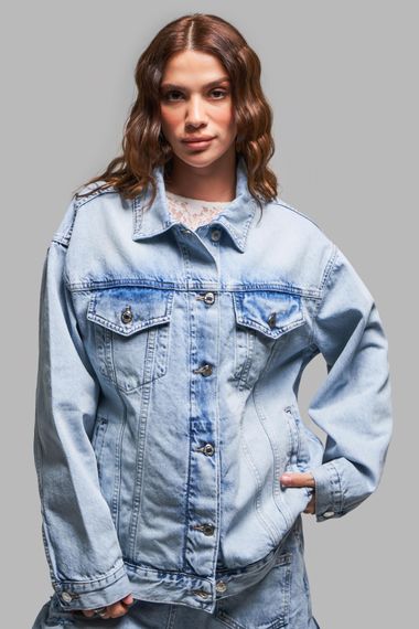 Kadın Kot Rengi 4S5-84 Oversize Bol Kesim %100 Koton Denim Ceket - صورة 1