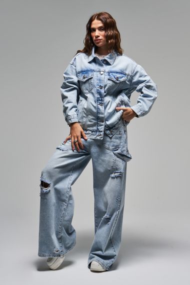 Kadın Kot Rengi 4S5-84 Oversize Bol Kesim %100 Koton Denim Ceket - صورة 4