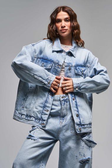 Kadın Kot Rengi 4S5-84 Oversize Bol Kesim %100 Koton Denim Ceket - صورة 5