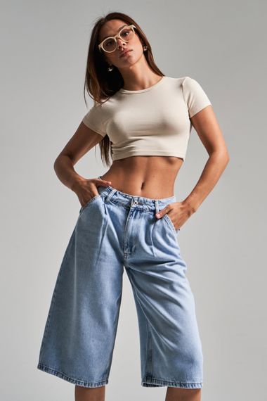 Kadın Kot Rengi 4s5-3 Maxi Boy %100 Koton Denim Bermuda Şort - фото 2