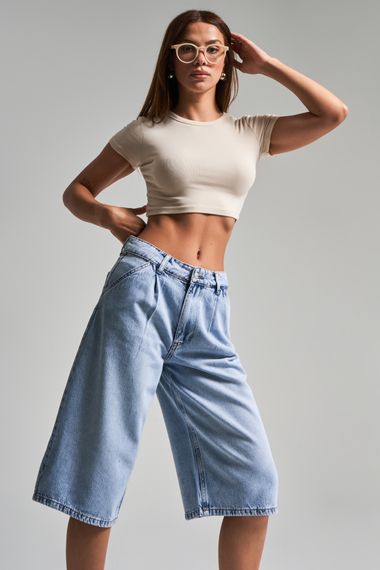 Kadın Kot Rengi 4s5-3 Maxi Boy %100 Koton Denim Bermuda Şort - фото 5