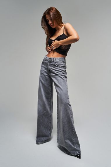 Kadın Gri Renk 4s5-13 Palazzo Fit Bol Kesim %100 Koton Orta Bel Denim Jean - фото 2