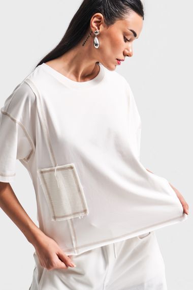Kadın Ekru Renk Bol Kesim Tasarım Oversize Tişört - fotoğraf 4
