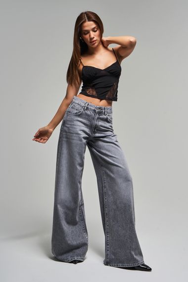 Kadın Gri Renk 4s5-13 Palazzo Fit Bol Kesim %100 Koton Orta Bel Denim Jean - фото 5