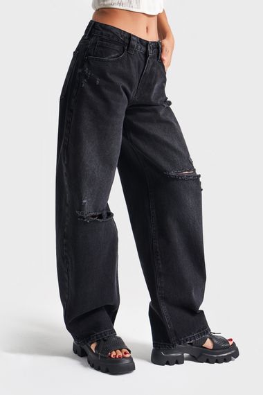 Kadın Füme Renk 10s5-1 Baggy Balloon Yırtık Detaylı %100 Koton Orta Bel Denim Jean - صورة 2