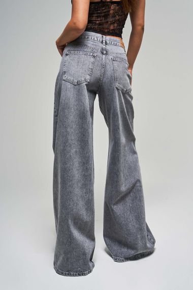 Kadın Gri Renk 4s5-13 Palazzo Fit Bol Kesim %100 Koton Orta Bel Denim Jean - фото 3