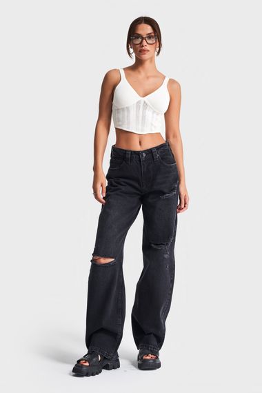 Kadın Füme Renk 10s5-1 Baggy Balloon Yırtık Detaylı %100 Koton Orta Bel Denim Jean - صورة 1