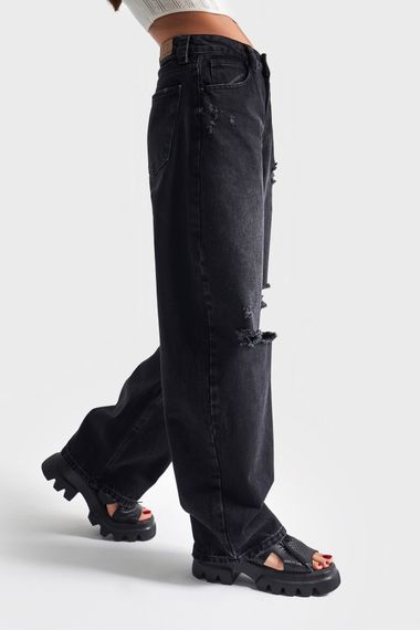 Kadın Füme Renk 10s5-1 Baggy Balloon Yırtık Detaylı %100 Koton Orta Bel Denim Jean - صورة 5