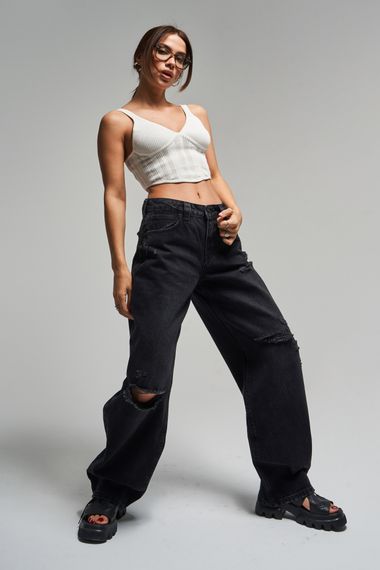 Kadın Füme Renk 10s5-1 Baggy Balloon Yırtık Detaylı %100 Koton Orta Bel Denim Jean - صورة 3