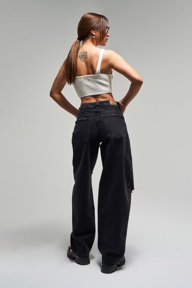 Kadın Füme Renk 10s5-1 Baggy Balloon Yırtık Detaylı %100 Koton Orta Bel Denim Jean - صورة 4