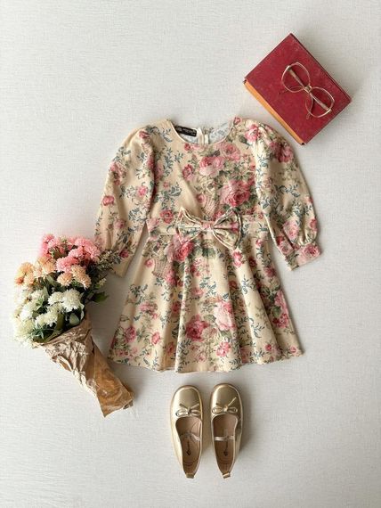 Krem-Pembe Çiçekli Pazen Kız Çocuk Elbise - fotoğraf 2