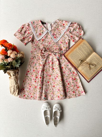 Pudra Çiçekli Vintage Yakalı Kız Çocuk Elbise - fotoğraf 1
