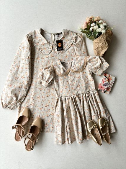 Cream-Brown Floral Baby Collar Tunic and Girl's Dress Combination - photo 1