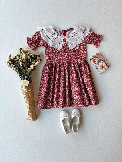Yaka Detaylı Bordo Küçük Çiçekli Kız Çocuk Elbise - fotoğraf 1
