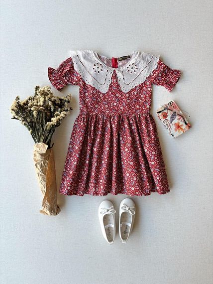 Yaka Detaylı Bordo Küçük Çiçekli Kız Çocuk Elbise - fotoğraf 2