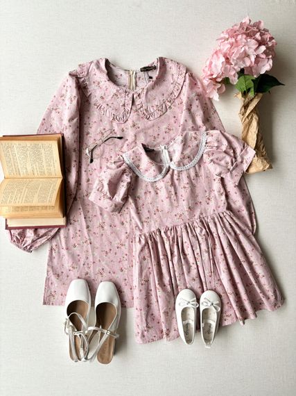 Pink-Claret Red Floral Baby Collar Tunic and Girl's Dress Combination - photo 1