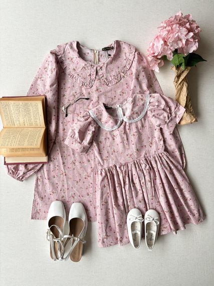 Pink-Claret Red Floral Baby Collar Tunic and Girl's Dress Combination - photo 4