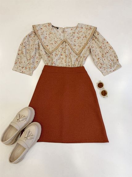 Tile Colored Skirt and Cream Ground Brown Floral Collar Blouse (2 Piece Set) - photo 1