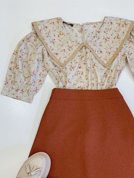 Tile Colored Skirt and Cream Ground Brown Floral Collar Blouse (2 Piece Set) - photo 2