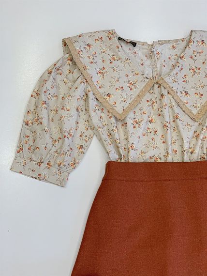 Tile Colored Skirt and Cream Ground Brown Floral Collar Blouse (2 Piece Set) - photo 3