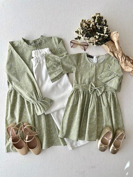 Green Poplin Tunic and Green Poplin Girl's Dress Combination - photo 4