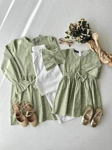 Green Poplin Tunic and Green Poplin Girl's Dress Combination - photo 1