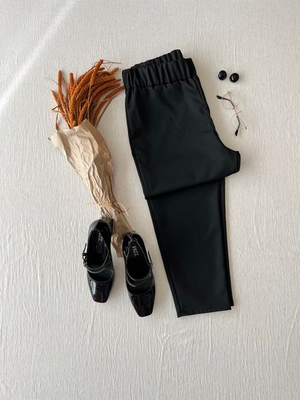 Black Narrow-Legged Crepe Trousers with Elastic Waist - photo 1