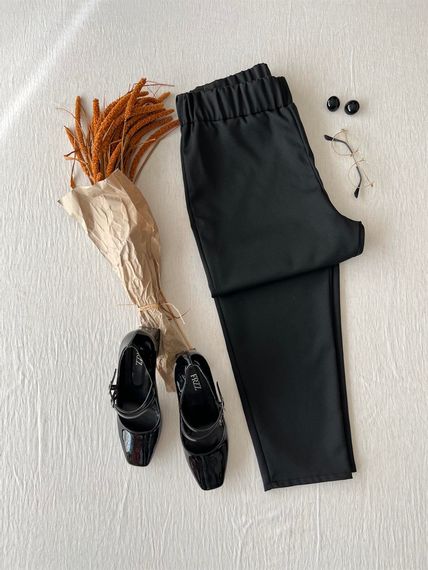 Black Narrow-Legged Crepe Trousers with Elastic Waist - photo 2