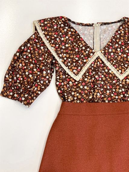 Tile Colored Skirt and Brown Floral Collar Blouse (2 Piece Set) - photo 2