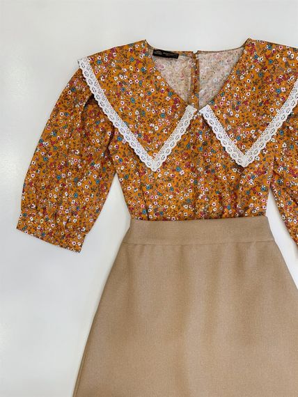 Beige Skirt and Mustard Floral Collar Blouse (2 Piece Set) - photo 2