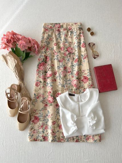 Long Cream-Pink Floral Flannel Skirt - photo 2