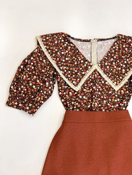 Tile Colored Skirt and Brown Floral Collar Blouse (2 Piece Set) - photo 3