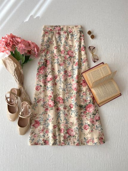 Long Cream-Pink Floral Flannel Skirt - photo 1