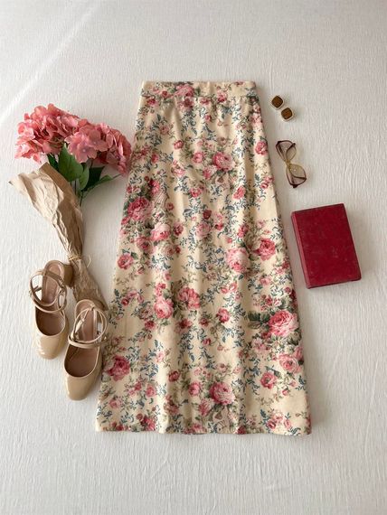 Long Cream-Pink Floral Flannel Skirt - photo 3