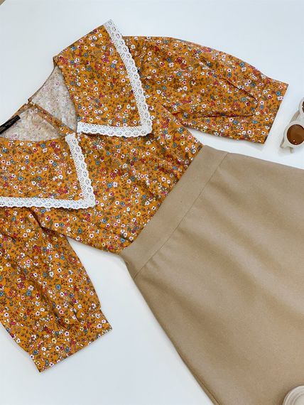 Beige Skirt and Mustard Floral Collar Blouse (2 Piece Set) - photo 3