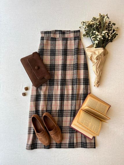 Long Brown Cotton Winter Plaid Skirt - photo 1