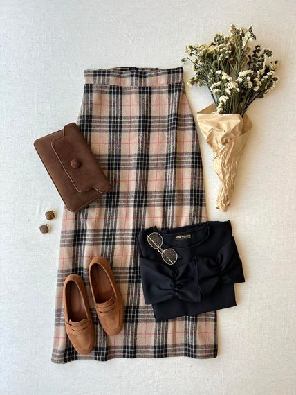 Long Brown Cotton Winter Plaid Skirt - photo 2