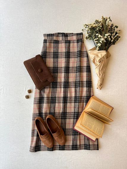 Long Brown Cotton Winter Plaid Skirt - photo 3