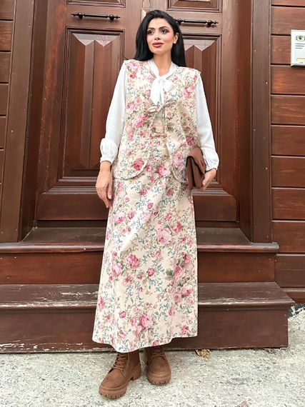 Long Cream-Pink Floral Flannel Vest-Skirt Set (Set of 2) - photo 1