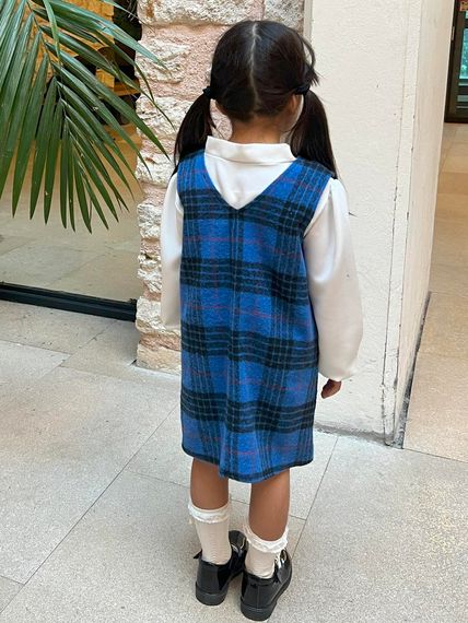 GIRL'S BLUE BLACK PLAID PATTERNED GIRL DRESS - photo 2