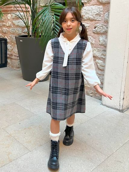 GIRL GRAY BLACK PLAID GIRETTE DRESS - photo 1