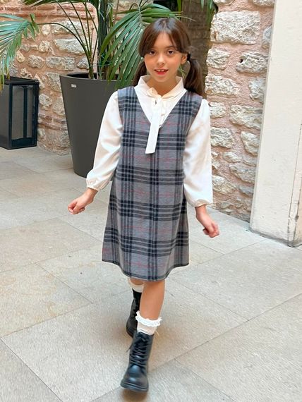 GIRL GRAY BLACK PLAID GIRETTE DRESS - photo 2