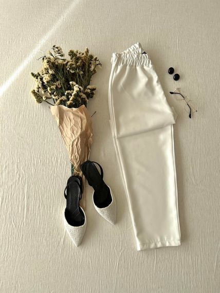 White Narrow Leg Elastic Waist Crepe Trousers - photo 2