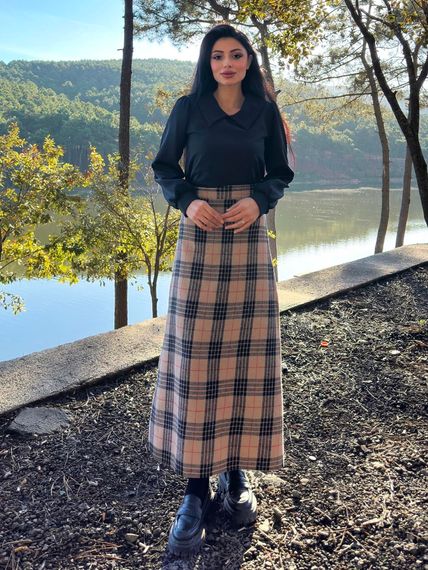 Brown A-Line Long Plaid Skirt - photo 1