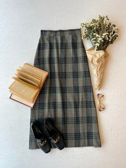 Long Khaki Green Cotton Winter Plaid Skirt - photo 2