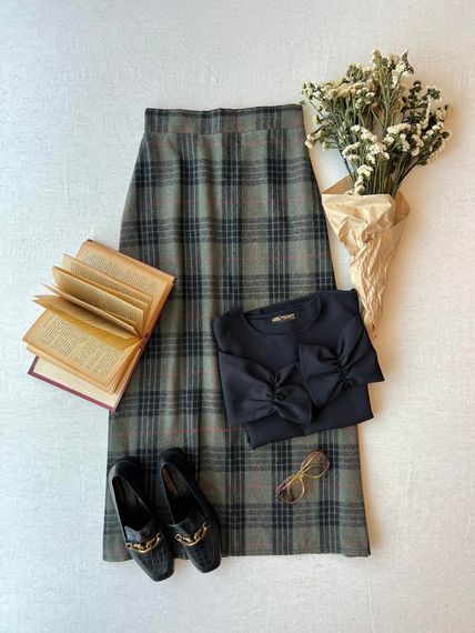 Long Khaki Green Cotton Winter Plaid Skirt - photo 1