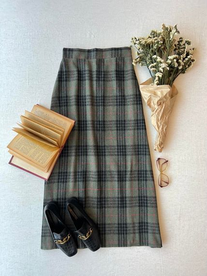 Long Khaki Green Cotton Winter Plaid Skirt - photo 3