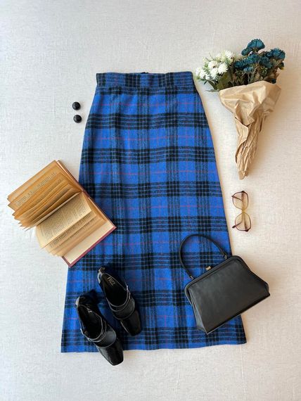 Long Blue Cotton Winter Plaid Skirt - photo 2