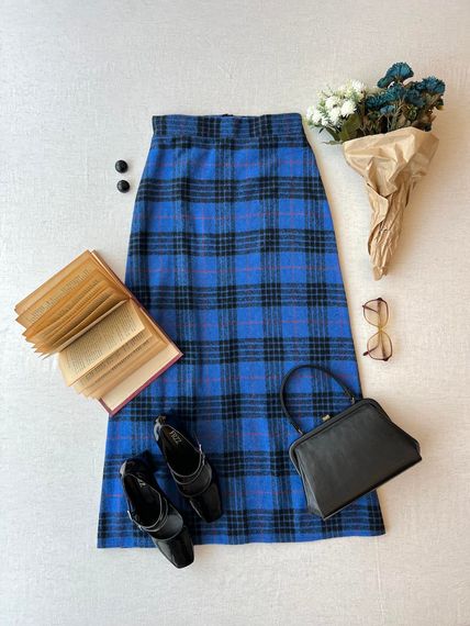 Long Blue Cotton Winter Plaid Skirt - photo 4